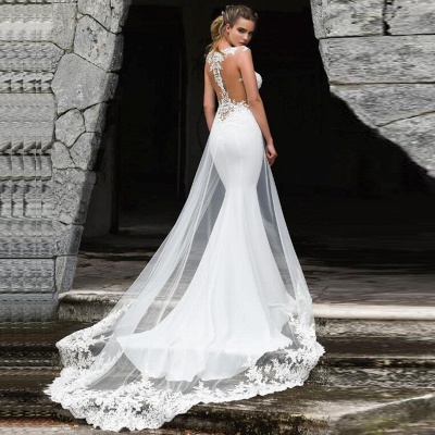 Elegant Jewel Straps Lace Fitted Mermaid Detachable Train Wedding Dresses_2