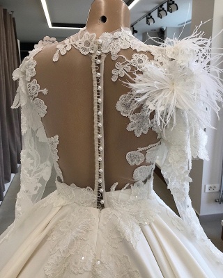 Flowers Feather High-Neck Brilliant Appliques Long-Sleeves Wedding Dresses_3