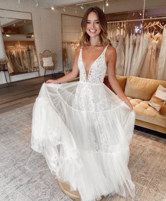 Sexy Spaghetti Strap Plunging V Neck Applique A Line Wedding Dresses | Tulle Bridal Gown_3