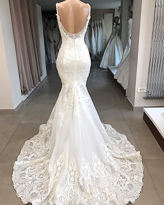 Beautiful Appliques Lace Mermaid Spaghetti-Straps Wedding Dresses_4