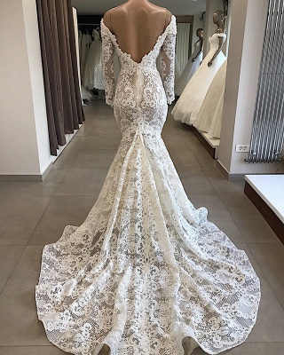 Long-Sleeves Off-the-shoulder White Elegant Mermaid Appliques Lace Wedding Dresses_2