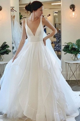 Sexy Straps Deep V Neck Tiered Tulle A line Wedding Dresses_1