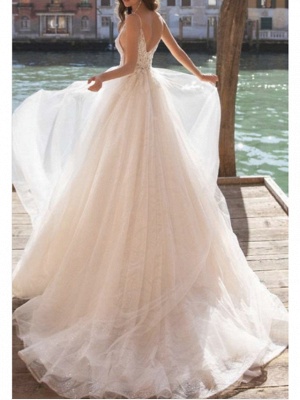 Applique Spaghetti Strap A Line Wedding Dresses | Backless Tulle Wedding Gown_2