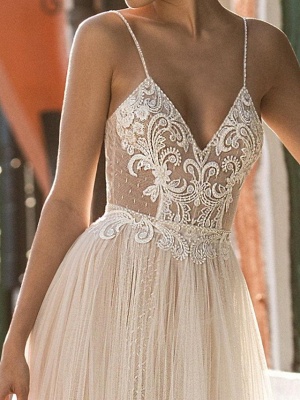 Sexy Spaghetti Strap V Neck Sheath Wedding Dresses | Applique Sequin Bridal Gown_3