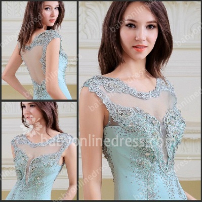 2021 Luxurious Evening Dresses Scoop Sequined Beading Appliques Crystal A Line Chiffon Blue Evening Gowns_5