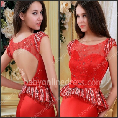 2021 Red Evening Dresses Scoop Tassel Sequined Beading Zipper Mermaid Satin Elegant Evening Gowns_3