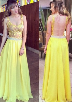 Lace A-line Hollow Yellow Floor-length Elegant Chiffon Straps Prom Dress_3