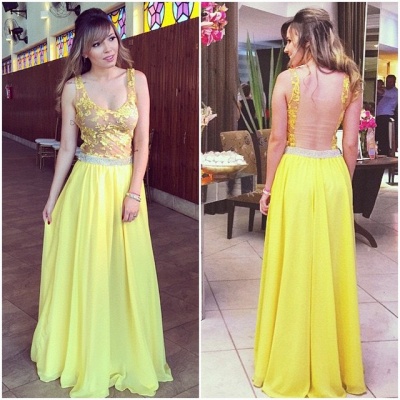 Lace A-line Hollow Yellow Floor-length Elegant Chiffon Straps Prom Dress_2