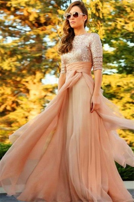 Sequins Tulle Long Evening Gowns Muslim Arabic Women Dress With Half Sleeves Prom Dresses_1
