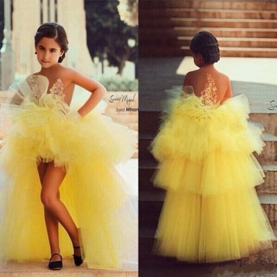 Yellow Hi-lo Girl's Pageant Dresses Tiers Tulle Sheer Flower Applique Girl Formal Dresses_3