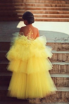 Yellow Hi-lo Girl's Pageant Dresses Tiers Tulle Sheer Flower Applique Girl Formal Dresses_2