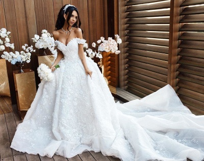 Luxury Floral Ball Gown Wedding Dresses | Off The Shoulder Over Skirt Long Bridal Gowns_3