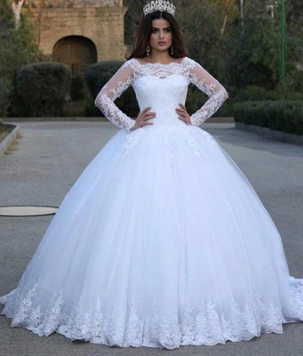 Elegant White Ball Gown Wedding Dresses | Scoop Neckline Long Sleeves Bridal Gowns_2