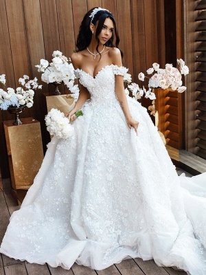 Luxury Floral Ball Gown Wedding Dresses | Off The Shoulder Over Skirt Long Bridal Gowns_2