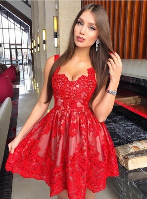 Red Lace A-Line Homecoming Dresses | Spaghetti Straps Short Cocktail Dresses_2