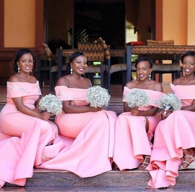 Pink Off-The-Shoulder Mermaid Bridesmaid Dresses | Sexy Appliques Side-Slit Long Maid Of The Honor Dresses_3