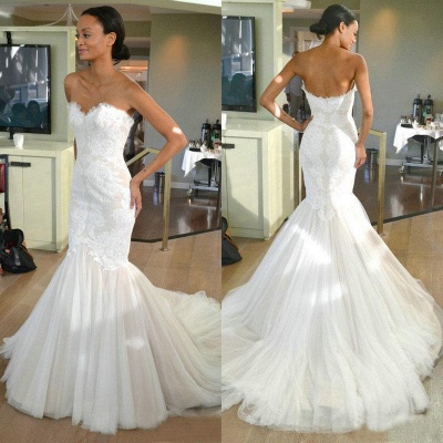 Tulle Sleeves Strapless Lace Mermaid Wedding Dresses with Sweep train_3
