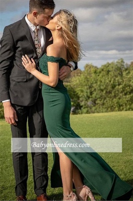 Side-Split Green Marvelous Evening Dresses | Off-the-shoulder Sheath 2021 Formal Gowns_2