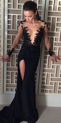 Sexy Black Slit Evening Gowns | Sheer V-Neck Long Sleeves Pageant Dress_2