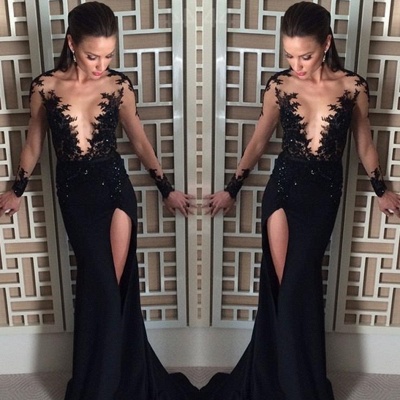 Sexy Black Slit Evening Gowns | Sheer V-Neck Long Sleeves Pageant Dress_3