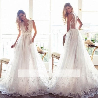Princess A-Line Appliques V-Neck Lace Gorgeous Sleeveless Wedding Dress_1