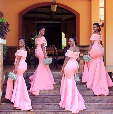 Pink Off-The-Shoulder Mermaid Bridesmaid Dresses | Sexy Appliques Side-Slit Long Maid Of The Honor Dresses_2