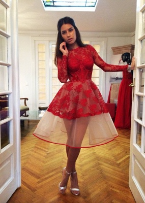Popular Red Sheer Lace Appliques Long-Sleeve Charming Homecoming Dresses_2