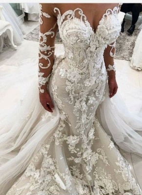 Luxury Floral Appliques Mermaid Wedding Dresses | Long Sleeves Bridal Gowns with Removable Train_1