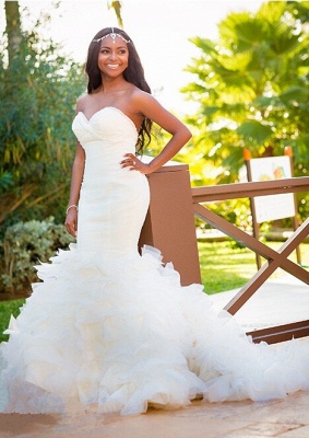 2021 Hot Organza Mermaid Beach Wedding Dresses Backless Sweetheart Pearls Bridal Gowns_6