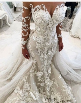 Luxury Floral Appliques Mermaid Wedding Dresses | Long Sleeves Bridal Gowns with Removable Train_3