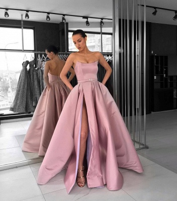Elegant Pink A-Line Evening Dresses | Strapless Sleeveless Slit Long Prom Dresses_2