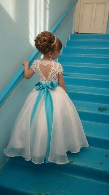 Puffy Crystals Short-Sleeves Lace with Blue Sash Flower Girl's Dresses_4