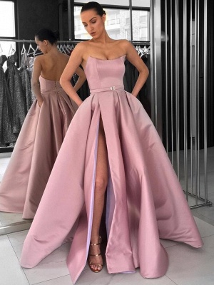 Elegant Pink A-Line Evening Dresses | Strapless Sleeveless Slit Long Prom Dresses_1