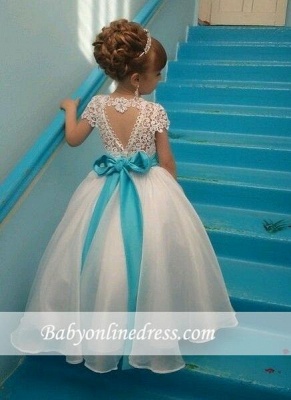 Puffy Crystals Short-Sleeves Lace with Blue Sash Flower Girl's Dresses_1