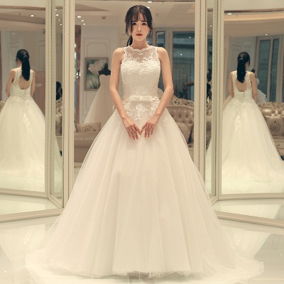 A-line Bow Sleeveless Lace-up Sweep Train Elegant Wedding Dresses_3