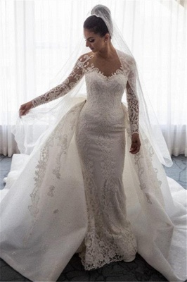 Chic Long Sleeves Mermaid Wedding Dresses | Lace Appliques Bridal Gowns with Detachable Skirt_1