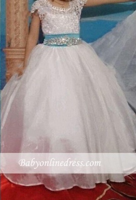 Puffy Crystals Short-Sleeves Lace with Blue Sash Flower Girl's Dresses_3