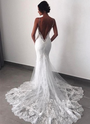 Sexy Backless Mermaid Wedding Dresses | Spaghetti Straps Beading Bridal Gowns_1