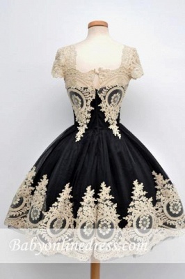 Short Black Vintage Lace-Appliques Capped-Sleeves Homecoming Dresses_5