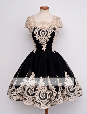 Short Black Vintage Lace-Appliques Capped-Sleeves Homecoming Dresses_4