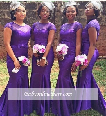2021 Popular Purple Short Sleeves Mermaid Beadings Bow Bridesmaid Dresses_1
