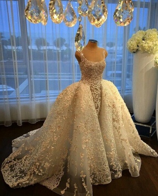 Gorgeous Ball Gown Wedding Dresses Lace Appliques Bridal Gowns with Overskirt_5