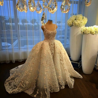 Gorgeous Ball Gown Wedding Dresses Lace Appliques Bridal Gowns with Overskirt_3