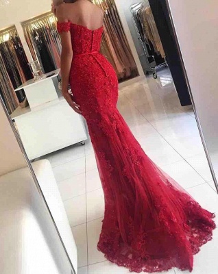 Glamorous Red Lace Mermaid Appliques Off-the-shoulder Evening Dress_6