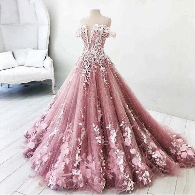 Fairytale Pink Floral Puffy Prom Dresses | Off-The-Shoulder Lace Appliques Ball Gown Quinceanera Dresses_3