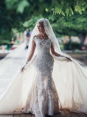Glamorous Long Sleeves Lace Mermaid Wedding Dresses | Scoop Appliques Detachable Skirt Bridal Gowns_1