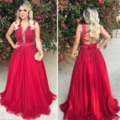 Gorgeous Red Tulle Prom Dresses V-Neck A-line Evening Dresses_4