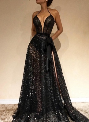 Sexy Black Sheer Evening Gowns | Halter Neck Slit Prom Dresses with Sash_1