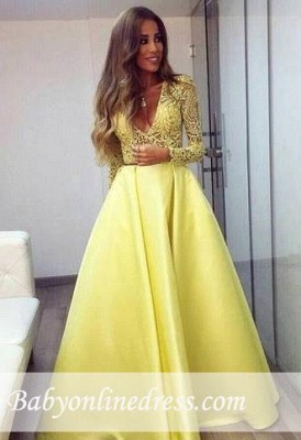 V-neck Lace Gorgeous Sleeves Satin Long Yellow Prom Dresses_3