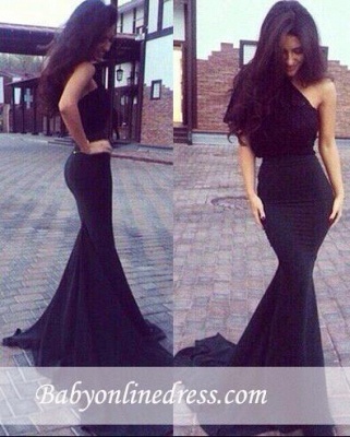 New Elegant One-Shoulder Black Mermaid Prom Dresses_1